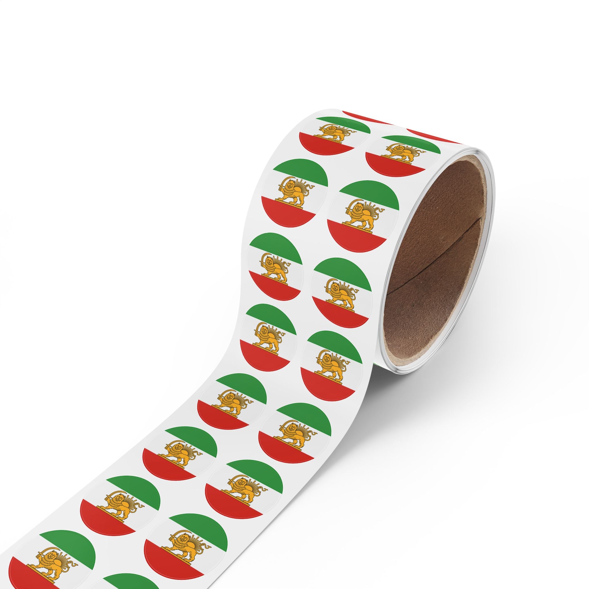 Persian Lion Flag Round Sticker Rolls — 1" - 2" Patriotic Iran Vintage Emblem Labels (Green-White-Red)